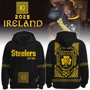Model wearing the Steelers Ireland Heritage 2025 Hoodie, with detailed front and back views showing Celtic knot designs.