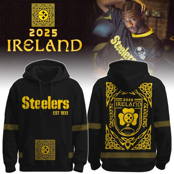 Model wearing the Steelers Ireland Heritage 2025 Hoodie, with detailed front and back views showing Celtic knot designs.