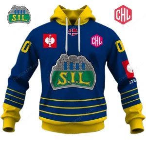 Front view of the Storhamar Hockey CHL hoodie in blue and yellow, featuring the team crest and league logos on the chest.