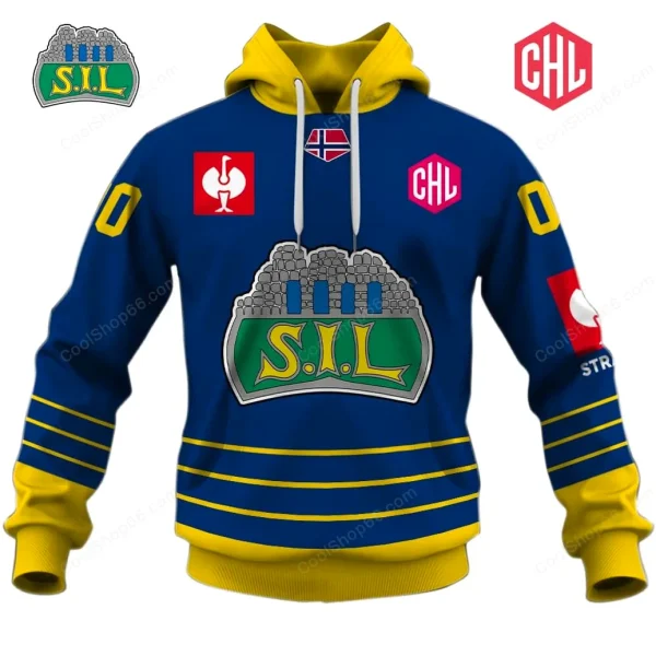 Front view of the Storhamar Hockey CHL hoodie in blue and yellow, featuring the team crest and league logos on the chest.