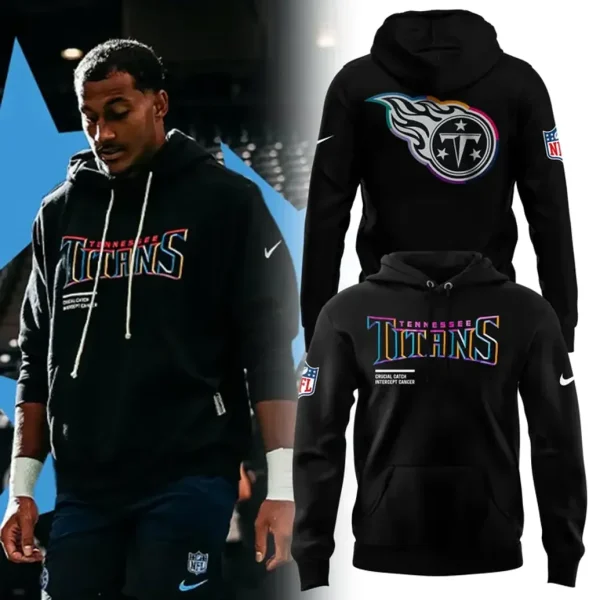 Model wearing the black Tennessee Titans 2025 Crucial Catch hoodie, alongside front and back product shots of the sweatshirt.