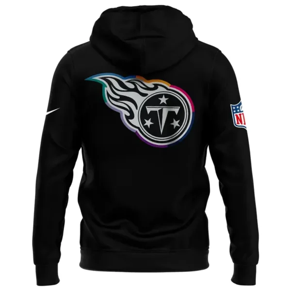 Back of the black Tennessee Titans Crucial Catch hoodie featuring the team logo in a vibrant, multi-color Crucial Catch design.