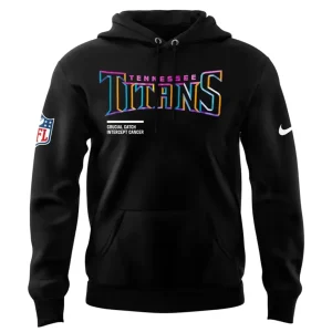Front of the black Tennessee Titans Crucial Catch hoodie with the team name in a multi-color outline and NFL shield on the sleeve.