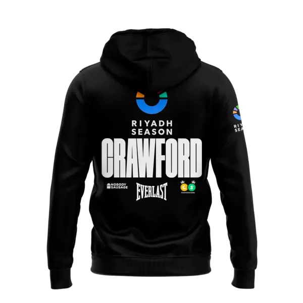 Back of The Crawford Era black hoodie with large "CRAWFORD" and "RIYADH SEASON" text, plus Everlast and other sponsor logos.
