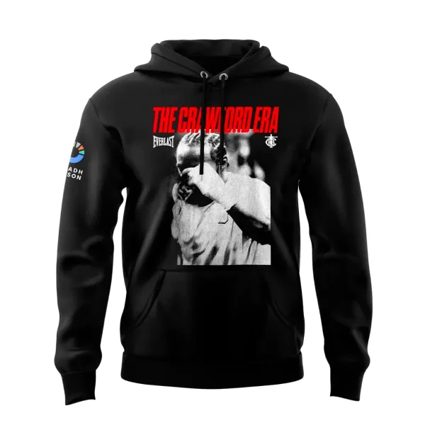 Front of the black Crawford Era hoodie featuring a photo of the boxer and "THE CRAWFORD ERA" in bold red text.
