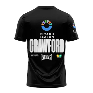 Back of the black Crawford Era Riyadh Season T-shirt with the event logo and CRAWFORD in large white letters, with sponsor logos.
