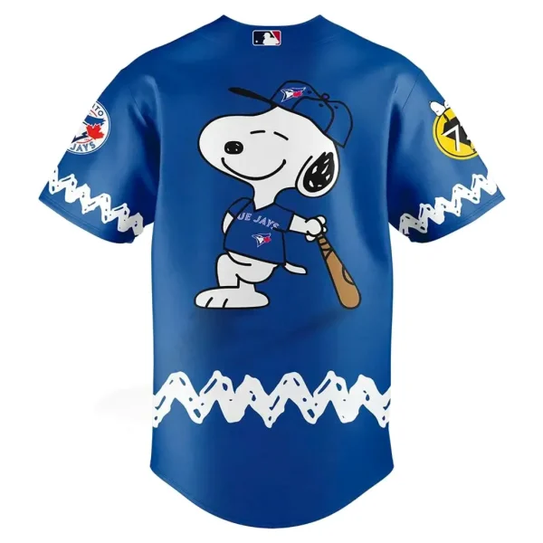 Back of the Toronto Blue Jays Peanuts Day jersey featuring a large graphic of Snoopy in a baseball uniform.