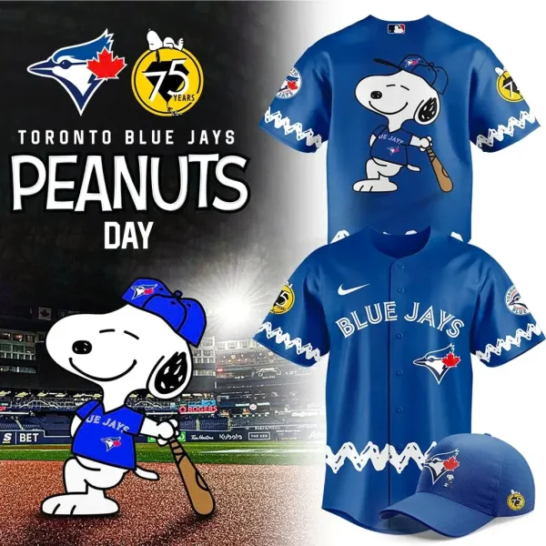 Promo image for the Toronto Blue Jays Peanuts Day jersey featuring Snoopy, the jersey, and a matching cap.