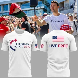 A promotional image featuring Charlie Kirk at an event with front and back views of the Turning Point USA Live Free T-Shirt.