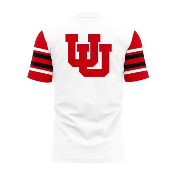 Back of the white Utah Football t-shirt featuring the red interlocking UU Utes logo on the upper back.