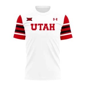 Front of the white Utah Football t-shirt with red UTAH text, Big 12 logo, and red, black, and white striped sleeves.