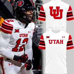 Utah Utes football player next to front and back views of the classic gameday uniform t-shirt.
