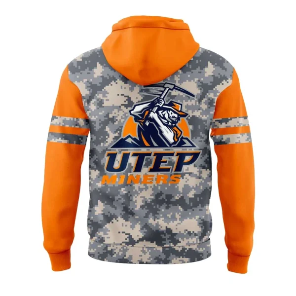 The back of the UTEP Miners hoodie with the mascot logo over mountains and UTEP MINERS text on a digital camo and orange design.