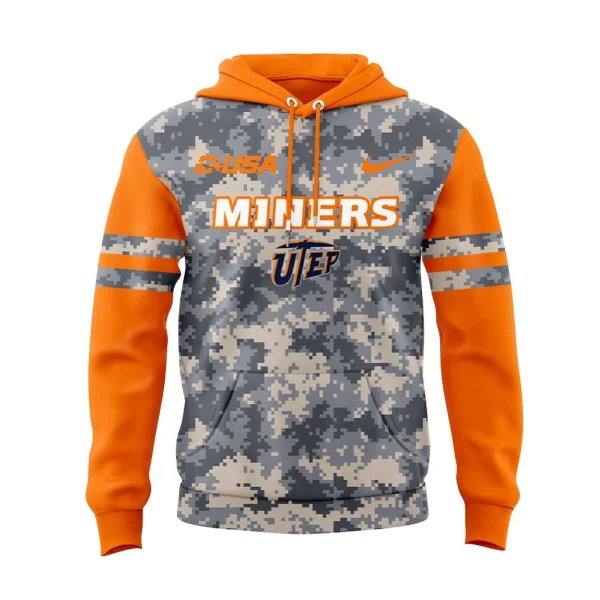 The front of the UTEP Miners hoodie featuring a digital camo body, orange sleeves and hood, and the words MINERS and UTEP on the chest.