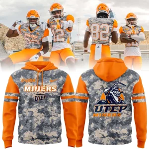 UTEP Miners players in military-themed uniforms and the matching digital camo and orange fan hoodie shown from the front and back.