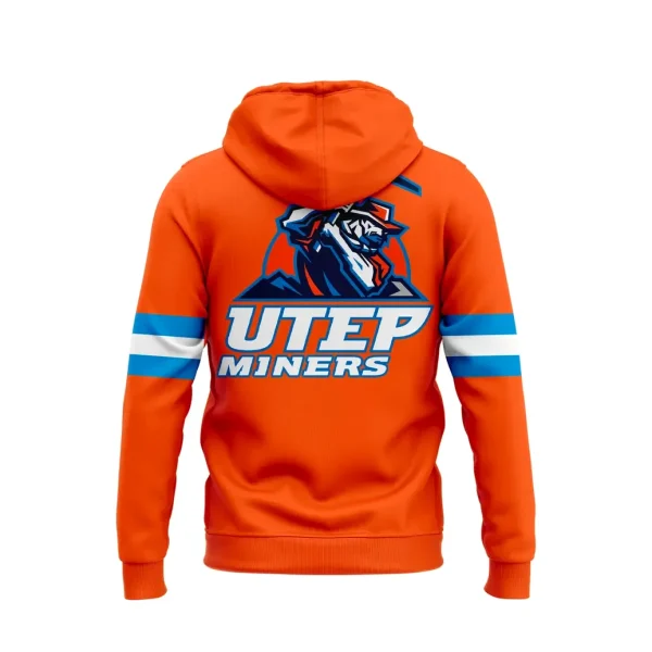 Back of the orange UTEP Miners throwback hoodie with a large graphic of a miner mascot and 'UTEP MINERS' text below.