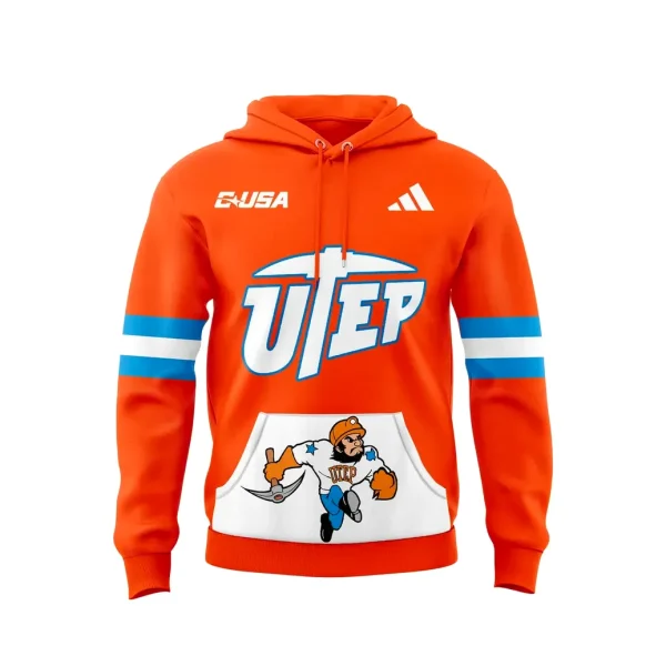 Front of the orange UTEP Miners throwback hoodie featuring the vintage 'Paydirt Pete' mascot on the pocket and UTEP logo.