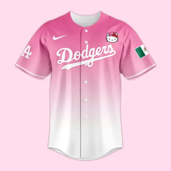 Front view of the pink and white gradient Viva Mexico x Dodgers Hello Kitty baseball jersey with the Dodgers script logo.