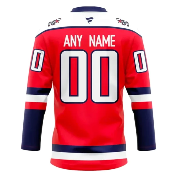 Back of the red Washington Capitals Screaming Eagle jersey, featuring customizable name and number plates shown with 'ANY NAME' and '00'.