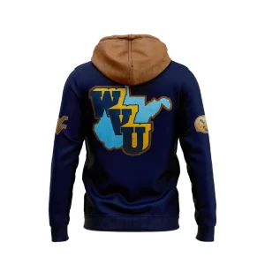 Back of the navy blue WVU 2025 Throwback Zip Hoodie featuring a large WVU logo over the state of West Virginia outline.