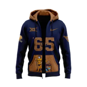 Front of the navy blue WVU 2025 Throwback Zip Hoodie showing the number '65' and the Mountaineer mascot on the pocket.
