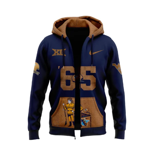 Front of the navy blue WVU 2025 Throwback Zip Hoodie showing the number '65' and the Mountaineer mascot on the pocket.