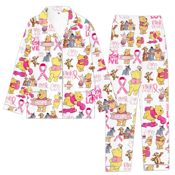 A full view of the Winnie Pooh Pink Power satin pajama set, including the long-sleeve top and pants, on a white background.