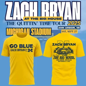 Back view of a yellow hoodie with "ZACH BRYAN" above a stadium graphic and "Live From The Big House" text, Ann Arbor, Michigan, September 27, 2025.