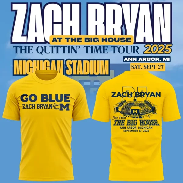 Back view of a yellow hoodie with "ZACH BRYAN" above a stadium graphic and "Live From The Big House" text, Ann Arbor, Michigan, September 27, 2025.