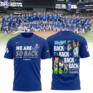 Front and back of the LA Dodgers 2025 NL West Champions t-shirt design, featuring player photos and celebratory text.