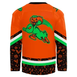 Close-up of the back of the orange Anaheim Ducks Halloween jersey, with a graphic of a duck flying with a pumpkin.