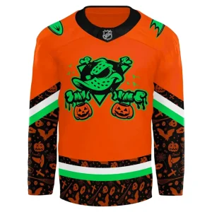 Close-up of the front of the orange Anaheim Ducks Halloween jersey, featuring the spooky Wild Wing crest.