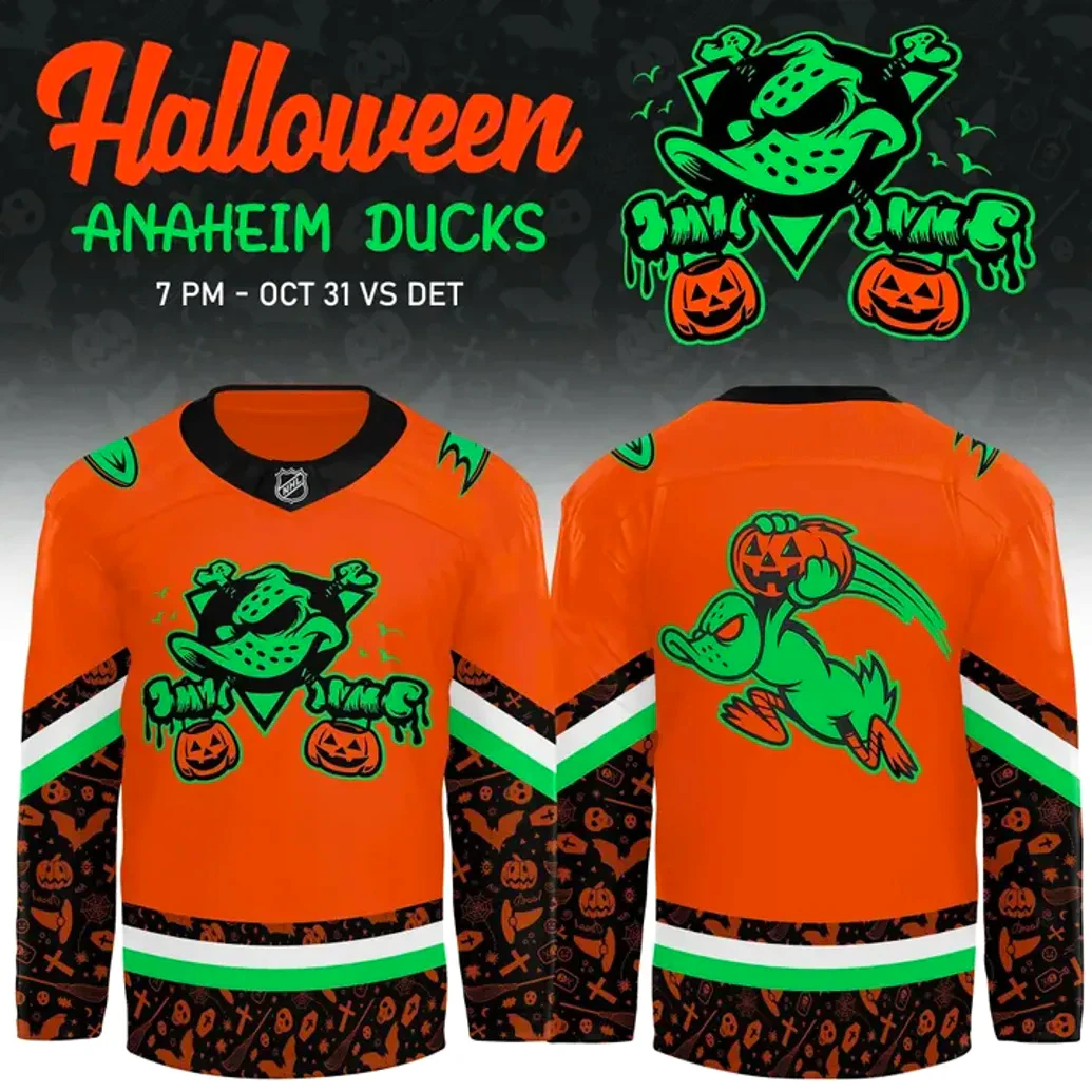 Anaheim Ducks 2025 Halloween Night Jersey Promotional Image Promo graphic showing the front and back of the Anaheim Ducks 2025 Halloween jersey with spooky logo details.