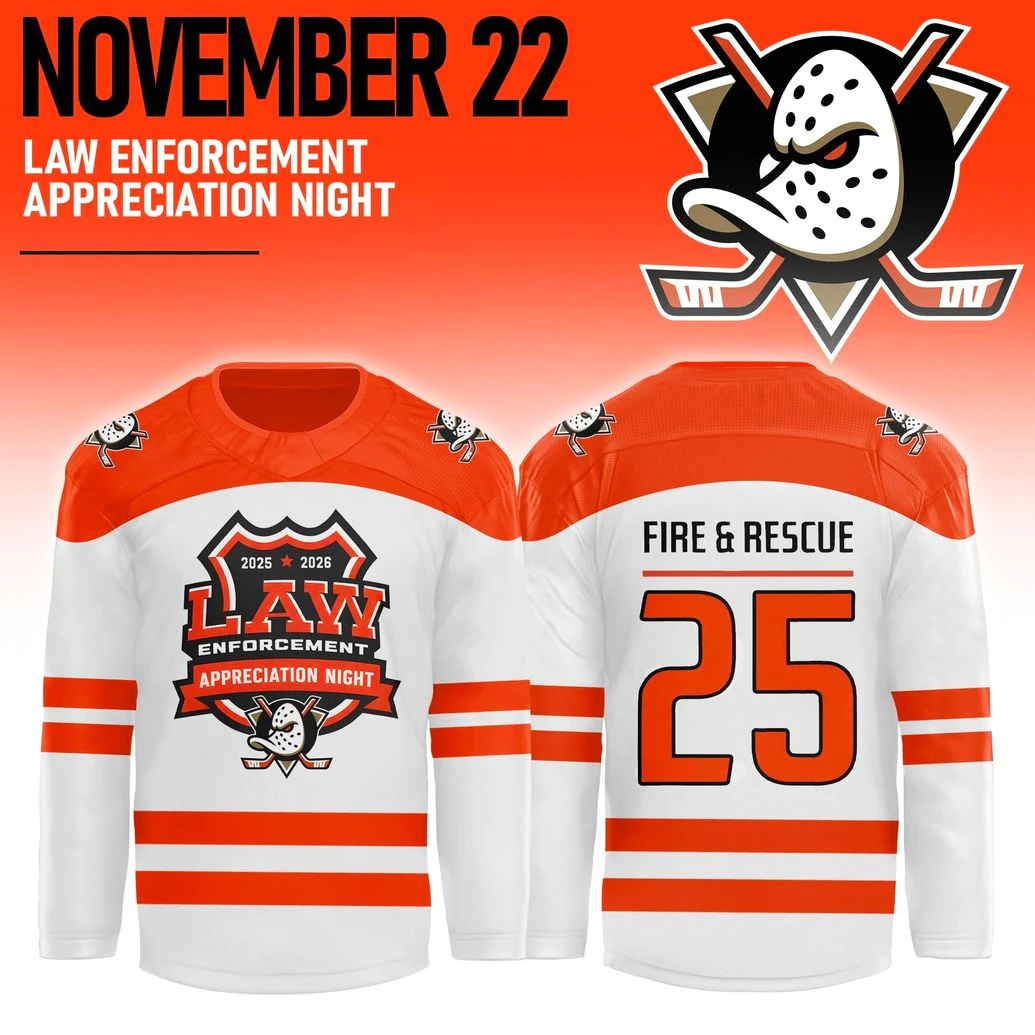 Anaheim Ducks 2025 Law Enforcement Appreciation Night Hockey Jersey Front And Back Front and back view of the Anaheim Ducks Law Enforcement Appreciation Night 2025 limited hockey jersey with special event crest.