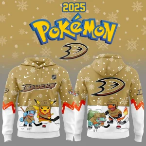 Front and back of the Anaheim Ducks Pokemon hoodie featuring Pikachu, Squirtle, Bulbasaur, and Charmander playing hockey.