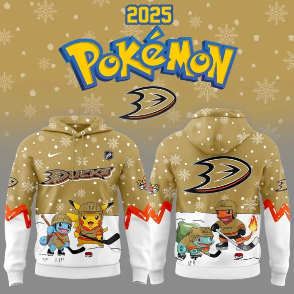 Front and back of the Anaheim Ducks Pokemon hoodie featuring Pikachu, Squirtle, Bulbasaur, and Charmander playing hockey.
