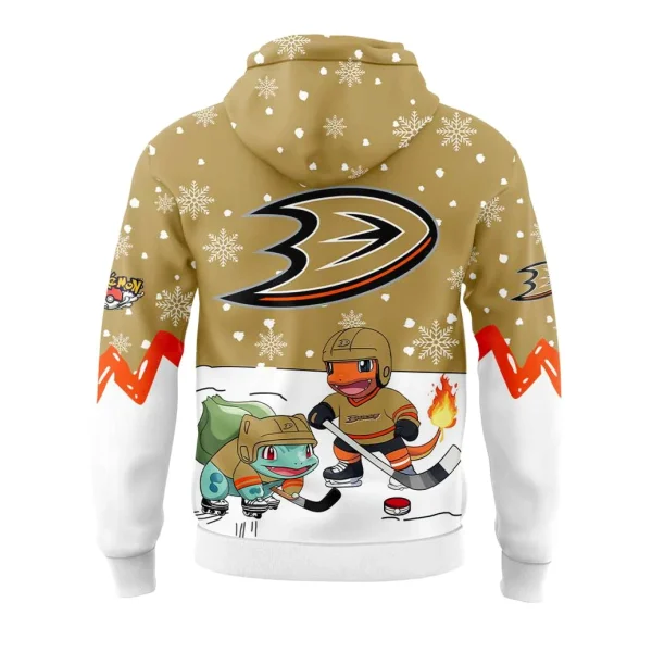 Back of the Anaheim Ducks Pokemon hoodie showing Bulbasaur and Charmander playing hockey below the large Ducks logo.