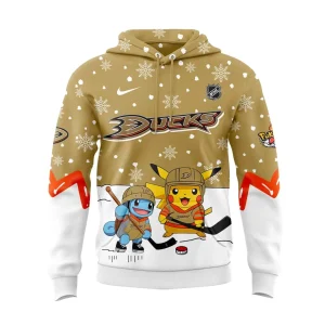 Front of the gold Anaheim Ducks Pokemon hoodie showing Pikachu and Squirtle in hockey gear with the Ducks logo on the chest.