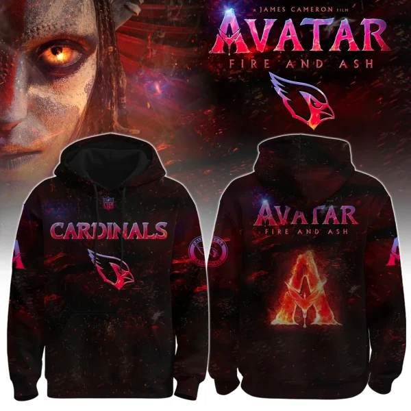 Front and back of the Arizona Cardinals x Avatar 3 hoodie, featuring a fiery design with team and movie logos on a black base.