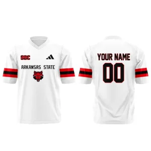 Front and back view of the customizable Arkansas State 2025 football jersey. White with red and black accents and Red Wolves logo.