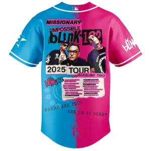 Back of the Astros x Blink-182 jersey showing the Missionary Impossible 2025 Tour dates, band photo, and split pink and blue design.