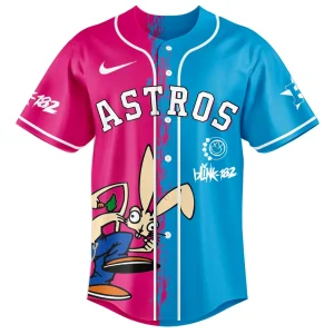 Front of the Astros x Blink-182 jersey, featuring a pink and blue split design with the Astros logo and Blink-182 rabbit mascot.