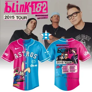 Promo image showing the front and back of the Astros x Blink-182 2025 Tour baseball jersey with the band members in the background.