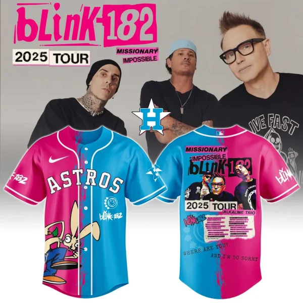 Promo image showing the front and back of the Astros x Blink-182 2025 Tour baseball jersey with the band members in the background.