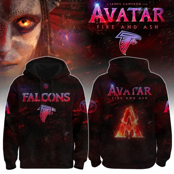 Front and back views of the Atlanta Falcons and Avatar 3 crossover hoodie, featuring fiery graphics and logos from both franchises.