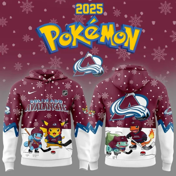 Front and back of the Colorado Avalanche Pokemon hoodie featuring Pikachu, Squirtle, Charmander, and Bulbasaur playing hockey.