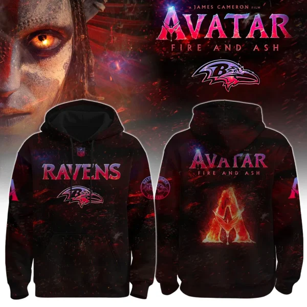 Front and back view of the Baltimore Ravens x Avatar 3 Fire and Ash hoodie on a themed background with fiery graphics.