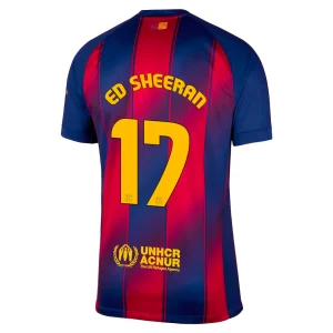Back of the FC Barcelona x Ed Sheeran jersey featuring "ED SHEERAN" and the number 17 in yellow, with the UNHCR logo below.