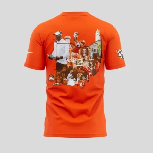 Back of the orange BGSU t-shirt showing a photo collage of the football team and coach shaped like the state of Ohio.