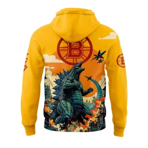 Back of the yellow Boston Bruins hoodie showing Godzilla roaring in a city with the Bruins 'B' logo in the sky behind it.